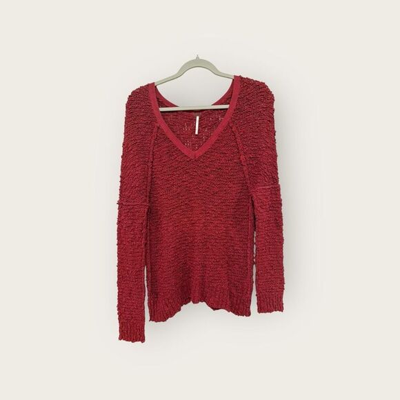 Free People Songbird Red V Neck Nubby Sweater Size XS - Picture 1 of 4